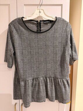 Joe Boxer Plaid Peplum Short Sleeve Blouse Leather Trim Large